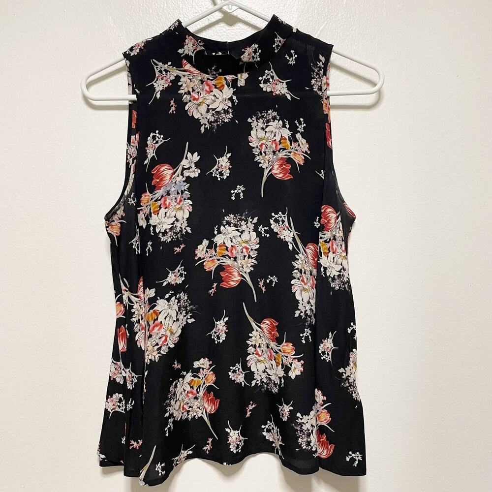 Maeve 100% Silk Sleeveless Sheer Black Floral Blouse